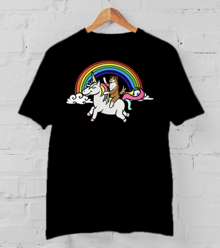 Sheltie Joyfully Riding Unicorn With Vibrant Rainbow T-Shirt