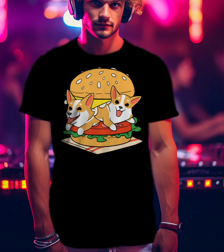Corgi Burger Delight Double Pup Cheeseburger Fun T-Shirt