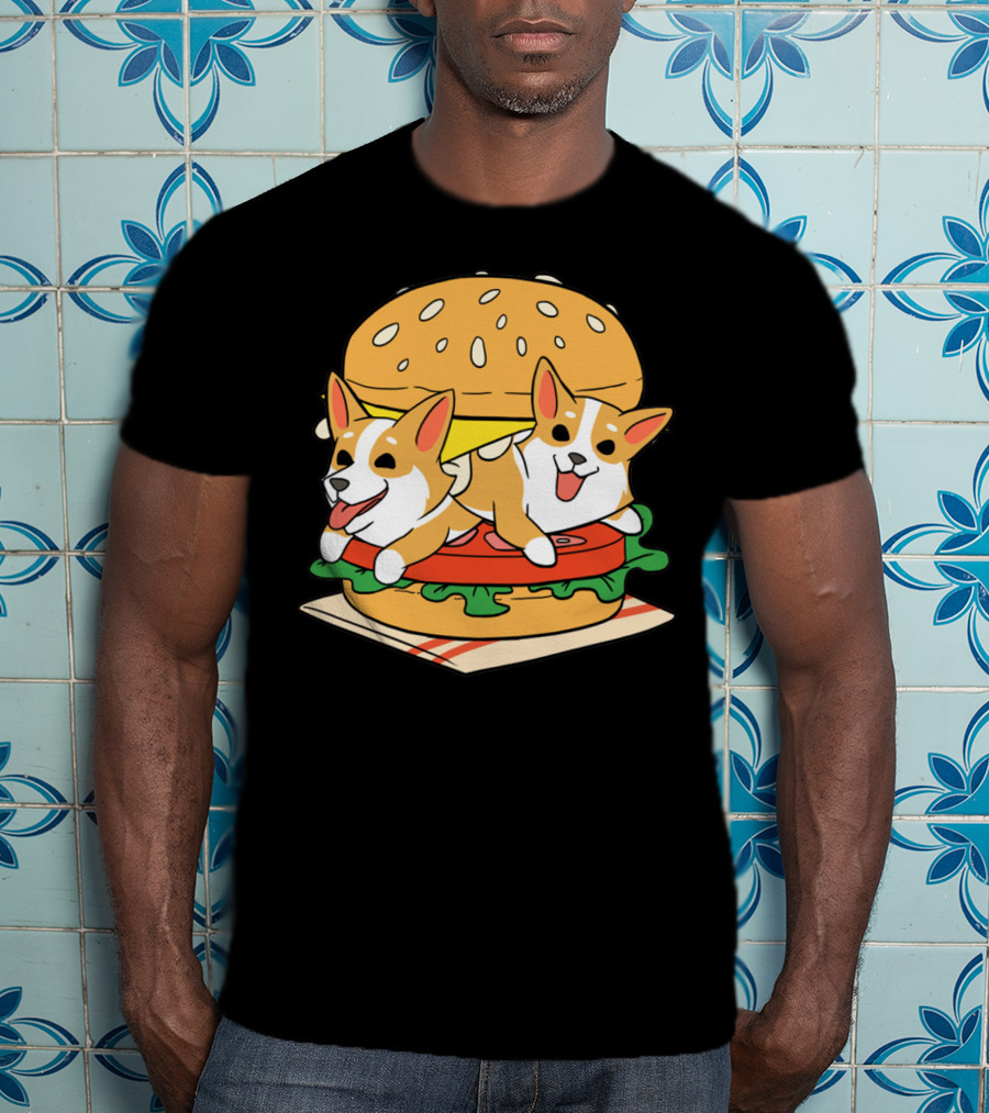 Corgi Burger Delight Double Pup Cheeseburger Fun T-Shirt