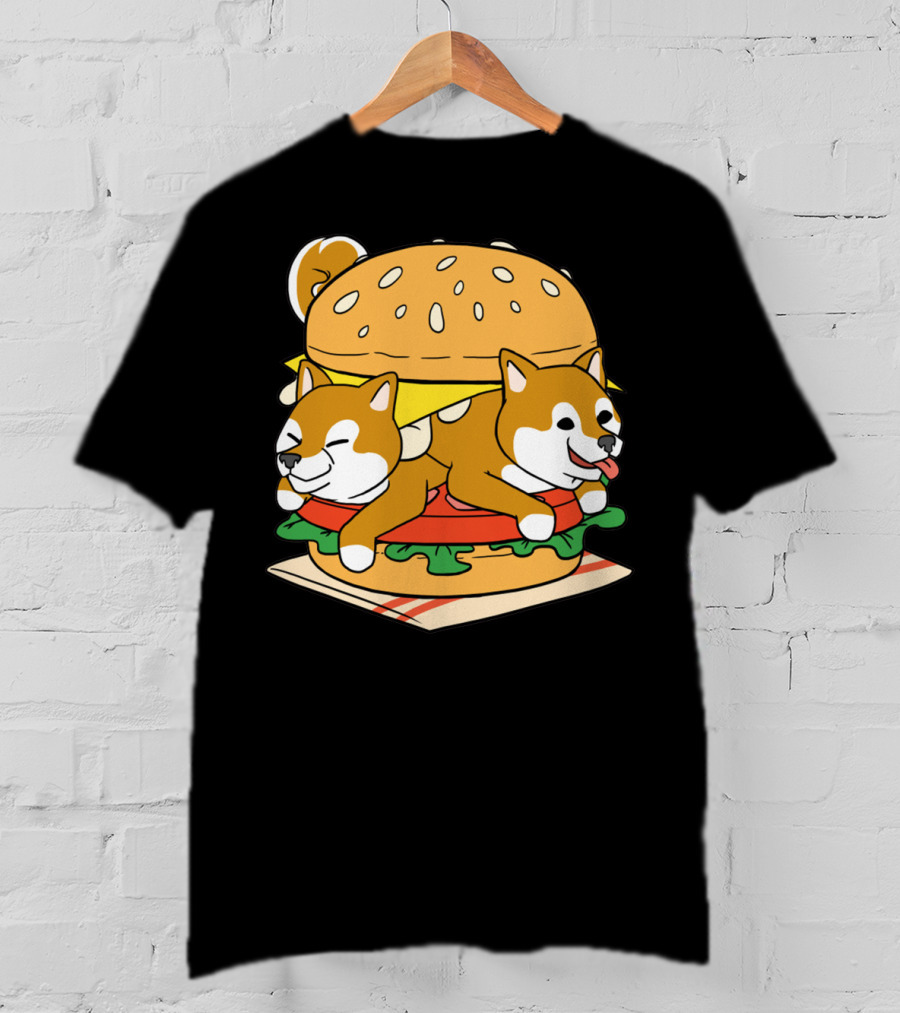 Shiba Inu Hamburger Parody With Cute Dog Duo Inside Cheeseburger Bun T-Shirt