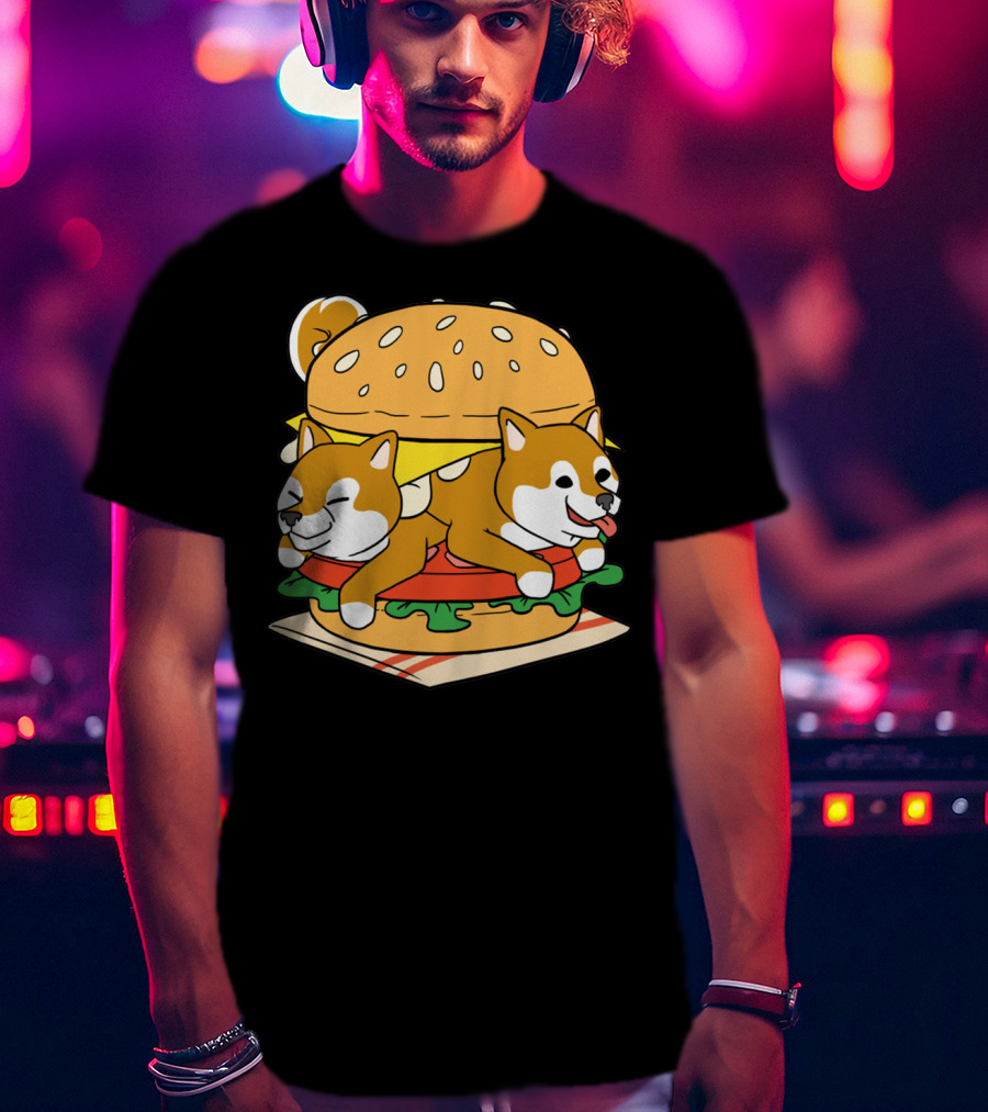 Shiba Inu Hamburger Parody With Cute Dog Duo Inside Cheeseburger Bun T-Shirt