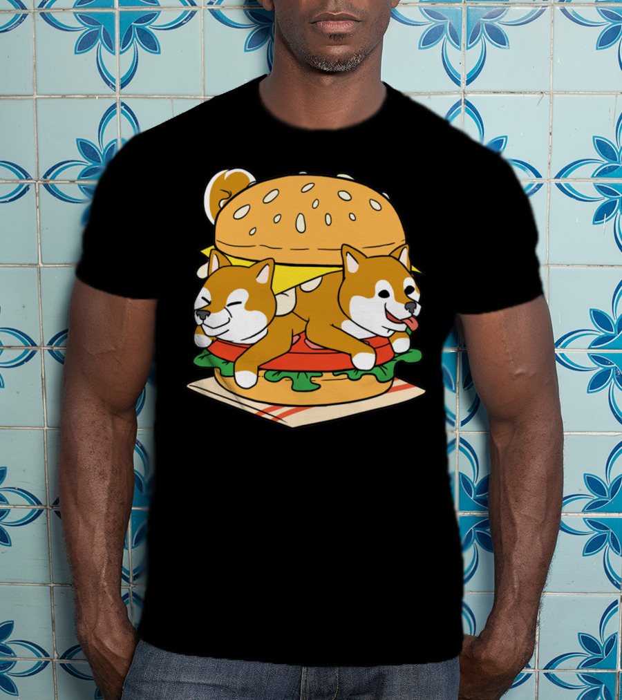 Shiba Inu Hamburger Parody With Cute Dog Duo Inside Cheeseburger Bun T-Shirt
