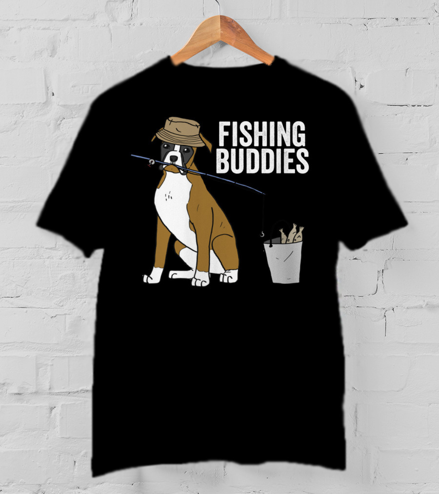 Boxer Dog Fishing Buddies Cartoon With Hat And Fishing Rod T-Shirt