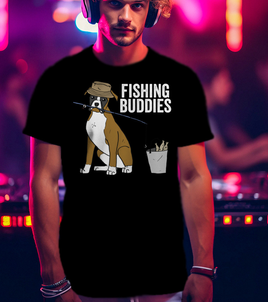 Boxer Dog Fishing Buddies Cartoon With Hat And Fishing Rod T-Shirt