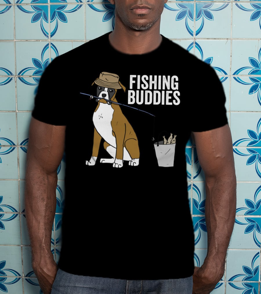 Boxer Dog Fishing Buddies Cartoon With Hat And Fishing Rod T-Shirt