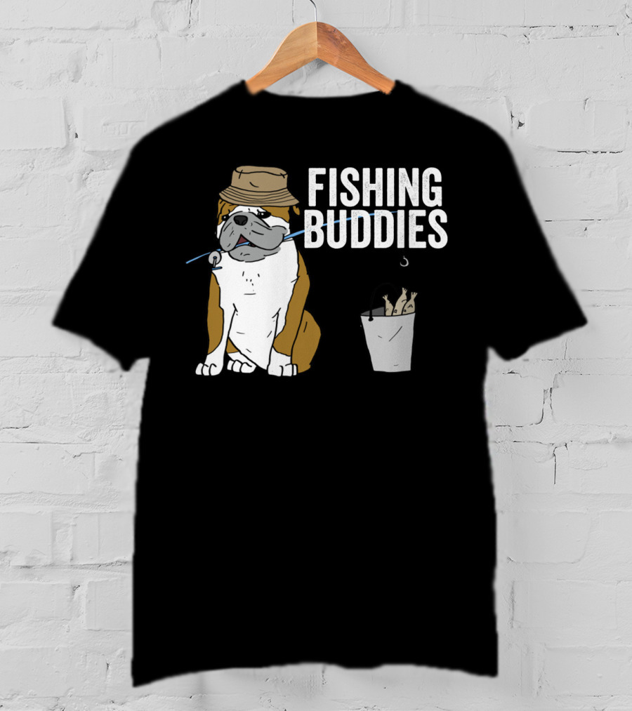 Bulldog Wearing Hat With Fishing Hook And Bucket - Fun Fishing Buddies T-Shirt
