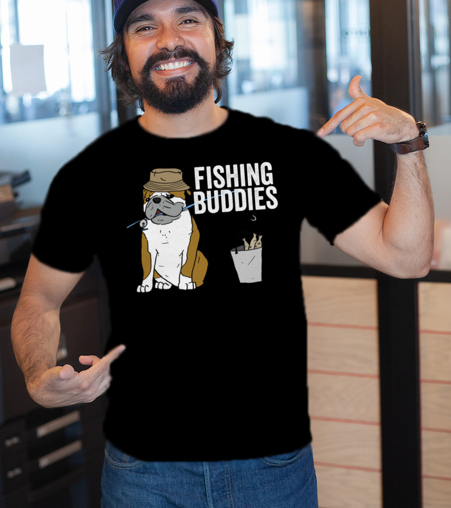 Bulldog Wearing Hat With Fishing Hook And Bucket - Fun Fishing Buddies T-Shirt