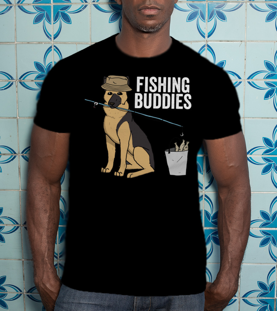 Fishing Buddies German Shepherd Bucket And Fishing Rod T-Shirt