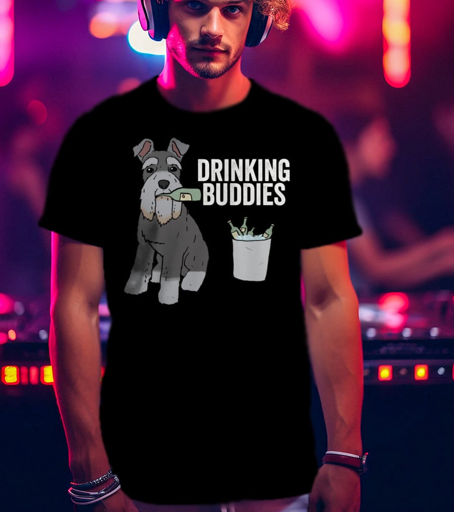 Schnauzer With Beer Bottle And Ice Bucket - Drinking Buddies T-Shirt