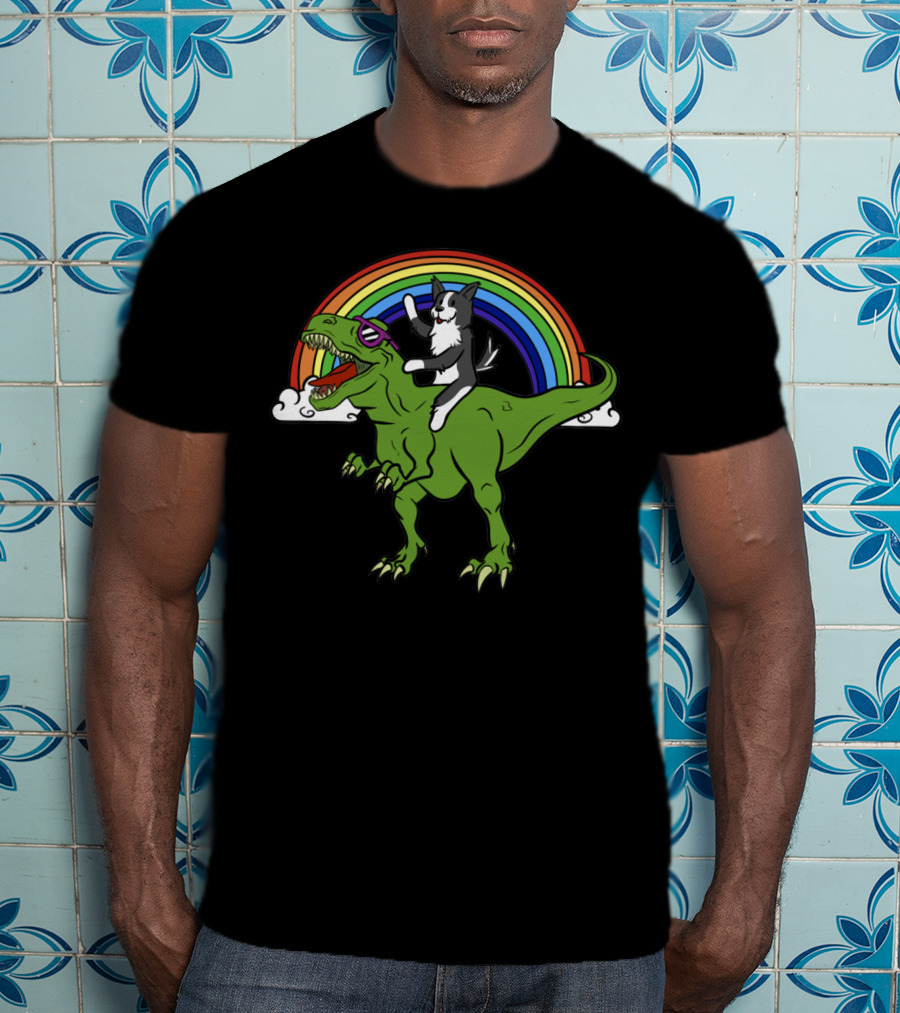 Border Collie Riding T-Rex With Rainbow T-Shirt