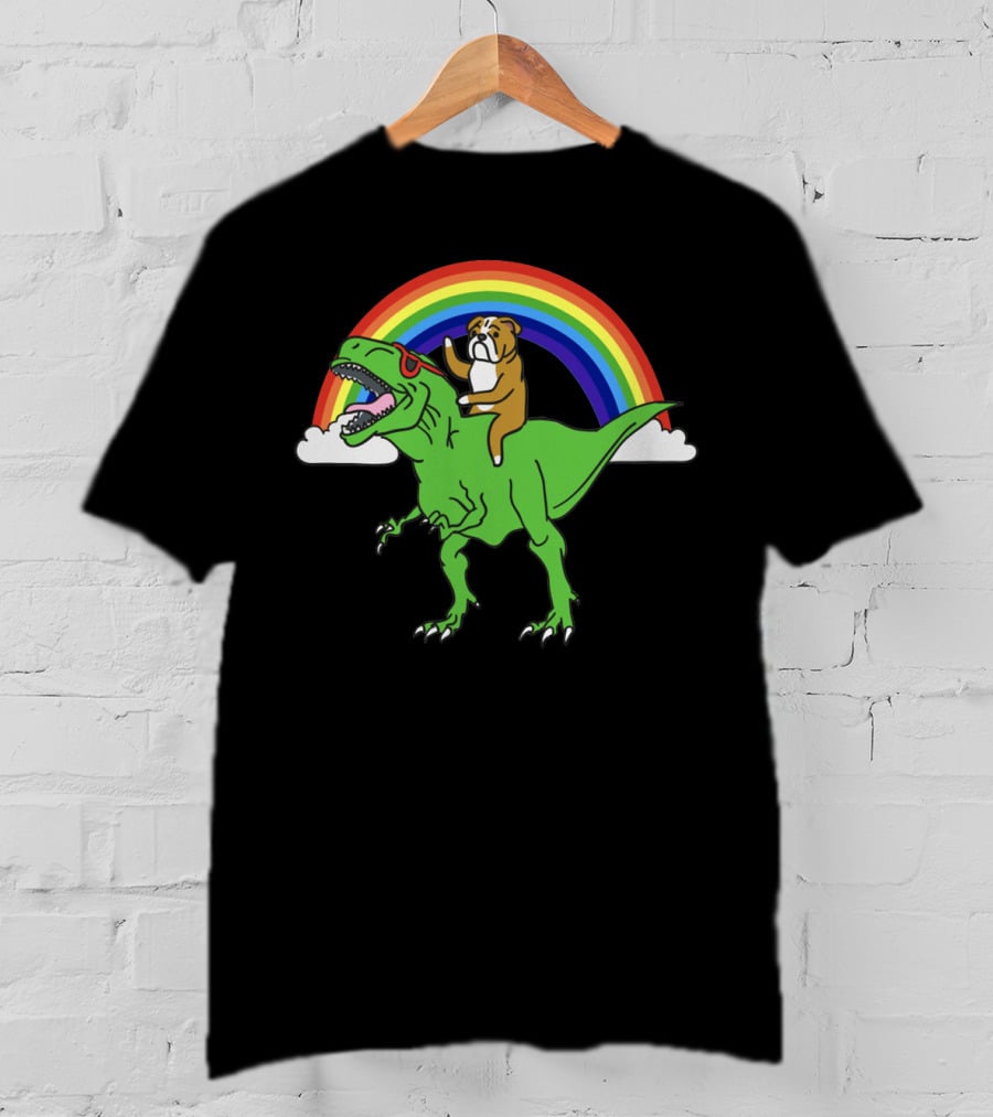Bulldog Riding T-Rex With Rainbow And Sunglasses T-Shirt