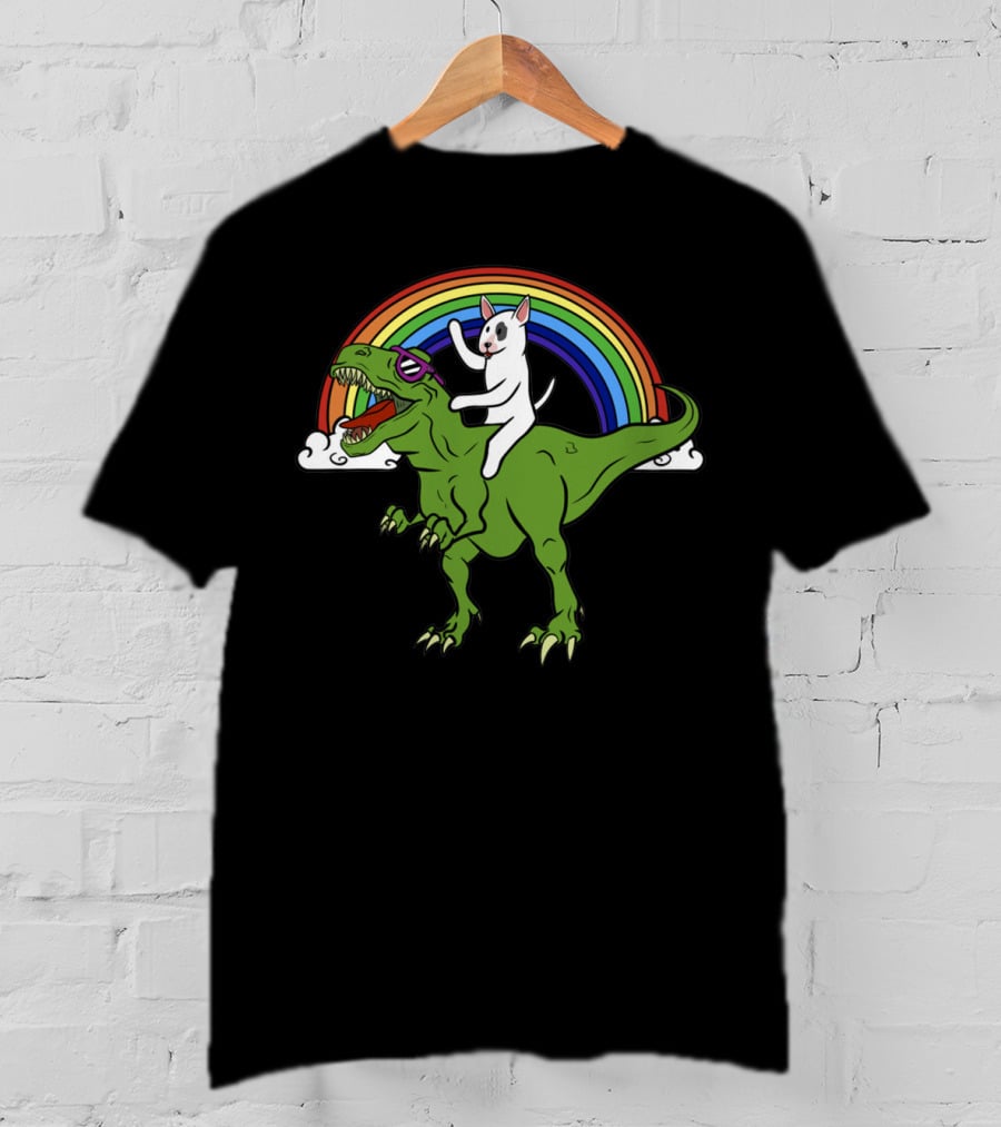 Bully Dinosaur Cat Riding T-Rex Rainbow Adventure T-Shirt