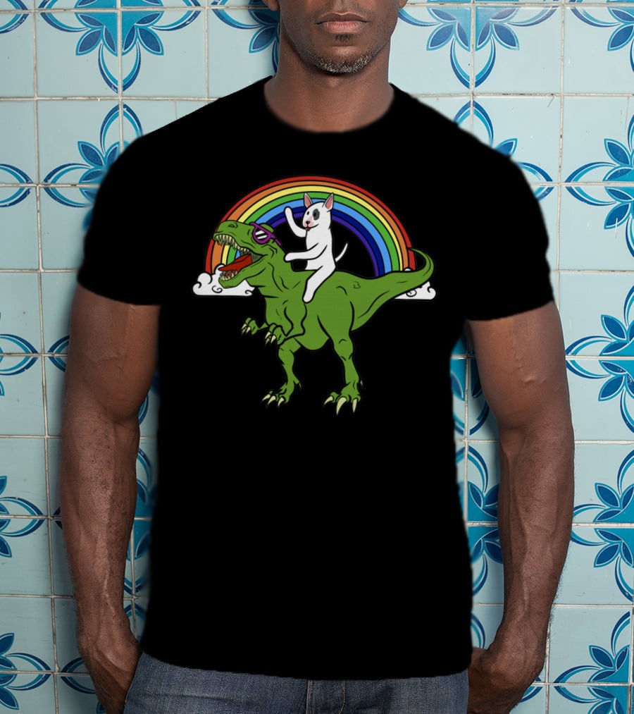 Bully Dinosaur Cat Riding T-Rex Rainbow Adventure T-Shirt