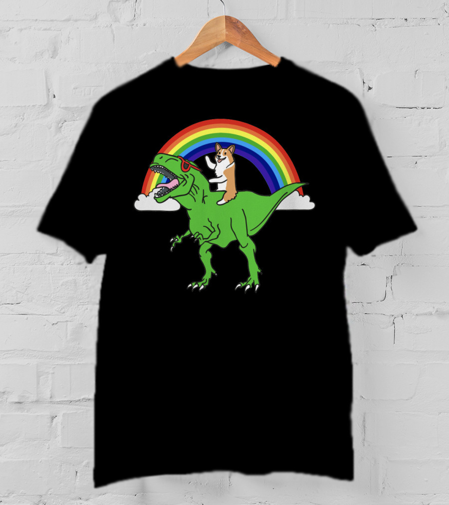 Corgi Dinosaur Riding T-Rex With Rainbow And Sunglasses T-Shirt