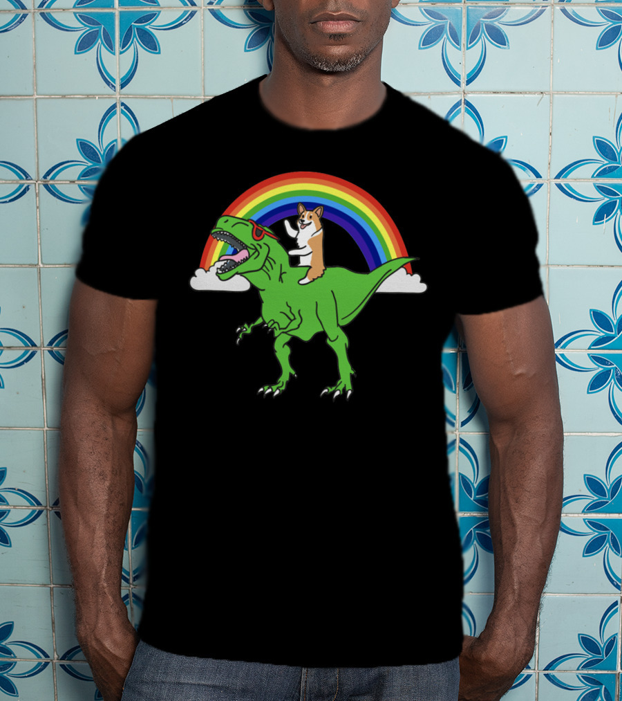 Corgi Dinosaur Riding T-Rex With Rainbow And Sunglasses T-Shirt