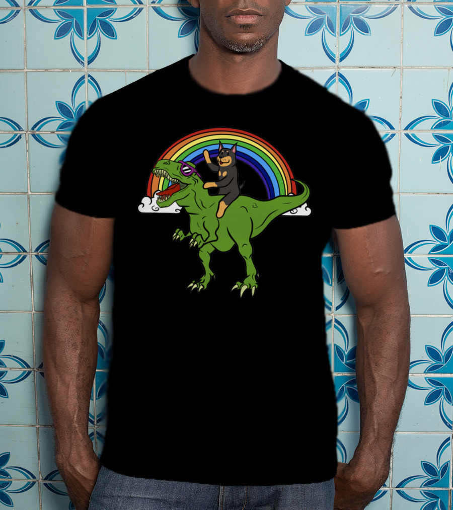 Rainbow-Riding Doberman Dinosaur Adventure T-Shirt