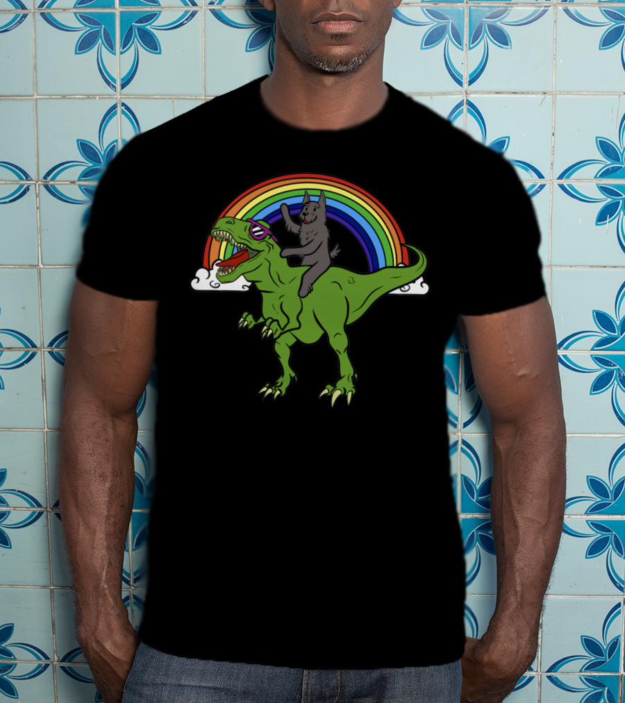Scottie Dinosaur Cat Riding T-Rex T-Shirt