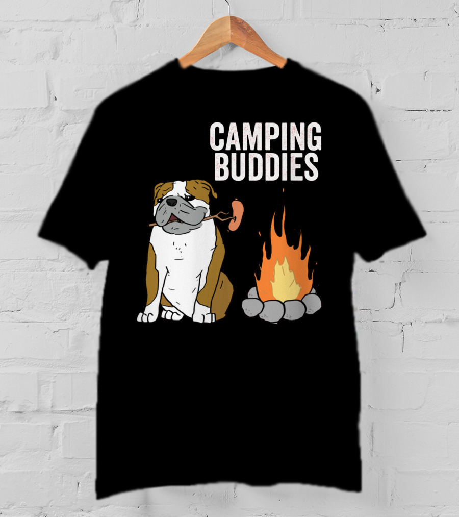 Bulldog Enjoying Campfire With Sausage And Camping Buddies T-Shirt