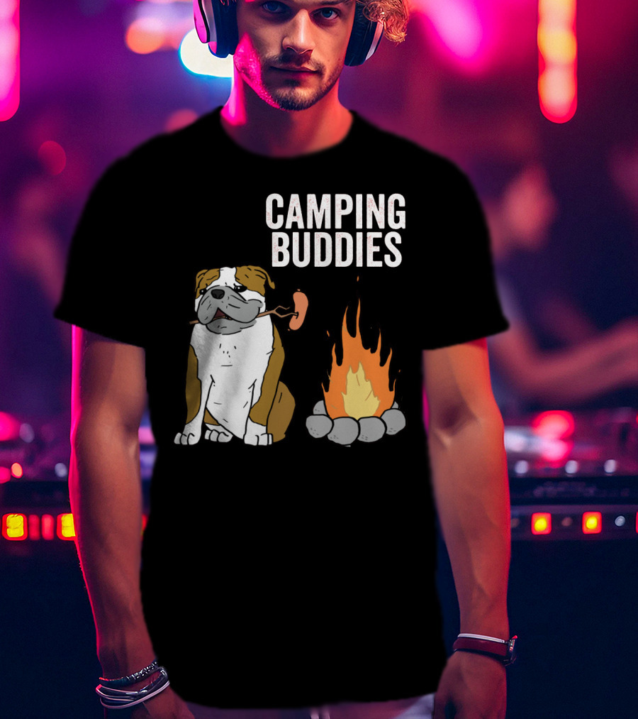 Bulldog Enjoying Campfire With Sausage And Camping Buddies T-Shirt