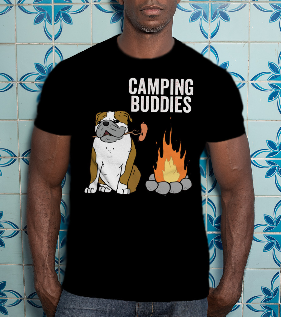 Bulldog Enjoying Campfire With Sausage And Camping Buddies T-Shirt