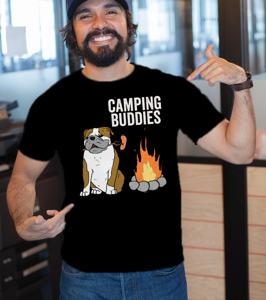 Bulldog Enjoying Campfire With Sausage And Camping Buddies T-Shirt