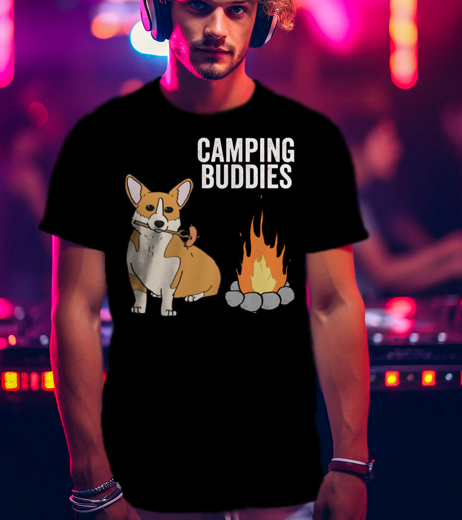 Corgi Roasting Marshmallow By Campfire - Camping Buddies Adventure T-Shirt
