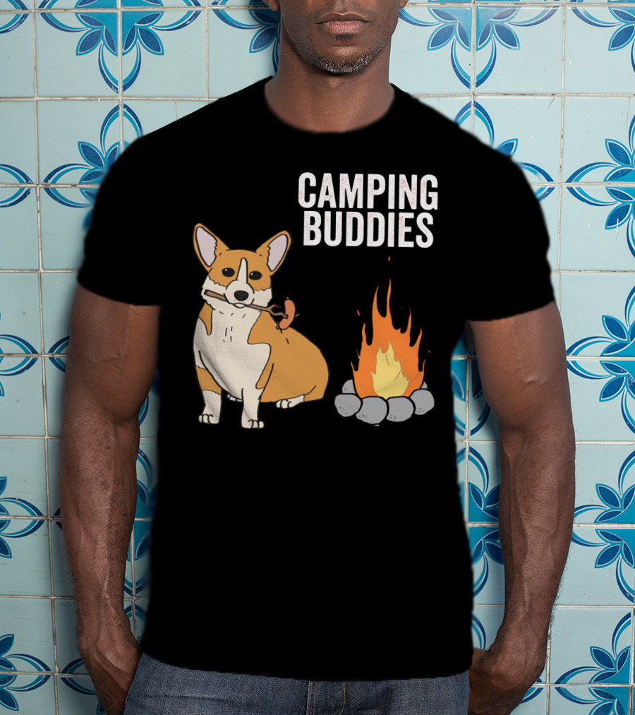 Corgi Roasting Marshmallow By Campfire - Camping Buddies Adventure T-Shirt