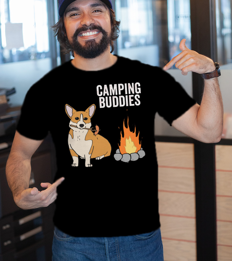 Corgi Roasting Marshmallow By Campfire - Camping Buddies Adventure T-Shirt