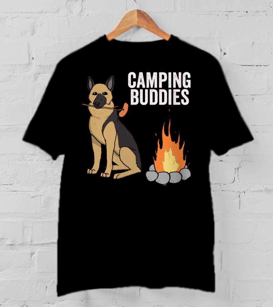 Camping Buddies German Shepherd Roasting By Campfire T-Shirt