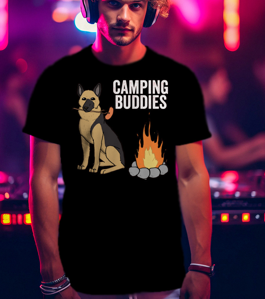 Camping Buddies German Shepherd Roasting By Campfire T-Shirt