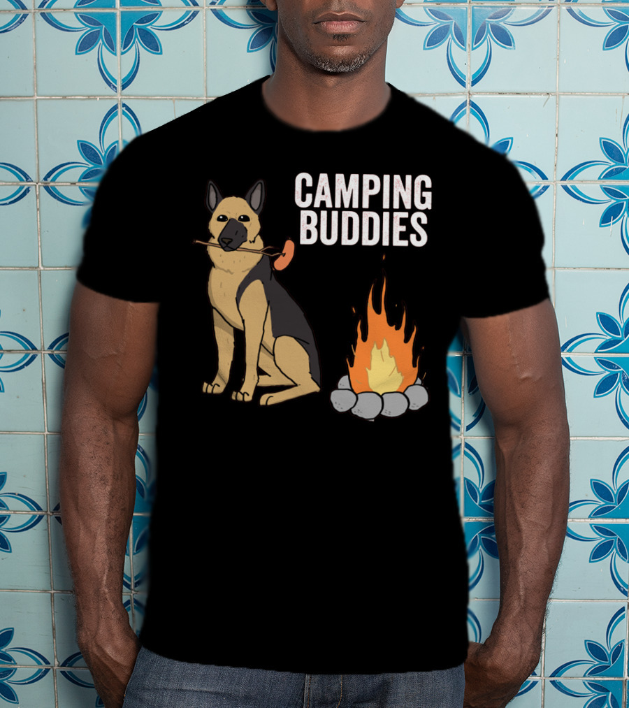 Camping Buddies German Shepherd Roasting By Campfire T-Shirt