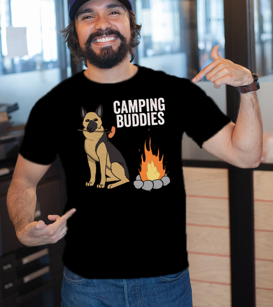 Camping Buddies German Shepherd Roasting By Campfire T-Shirt