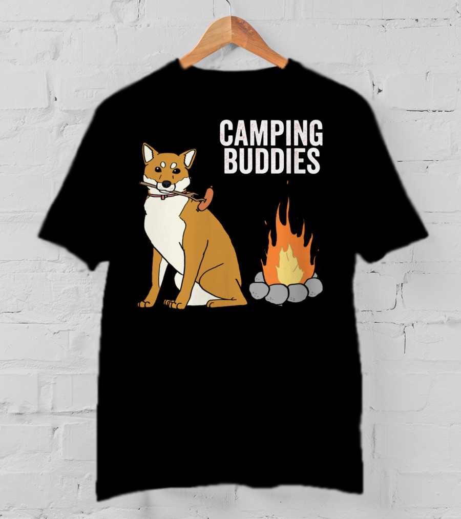 Camping Buddies Shiba Inu Roasting Sausage Near Campfire T-Shirt