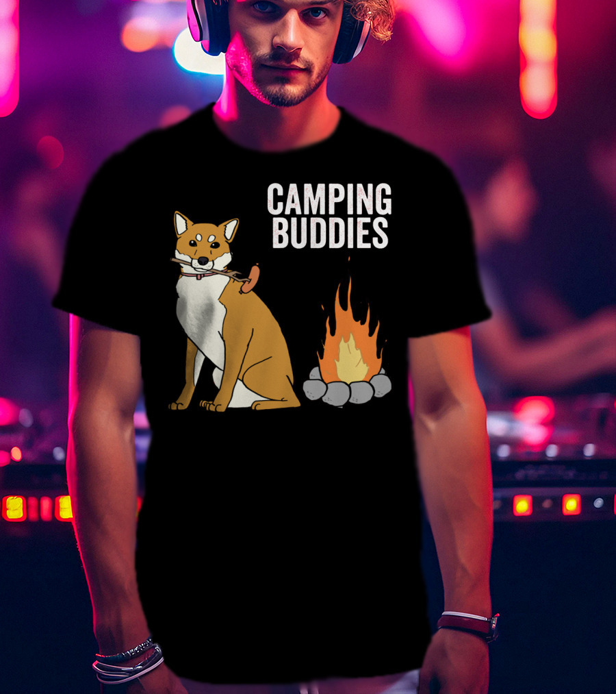 Camping Buddies Shiba Inu Roasting Sausage Near Campfire T-Shirt