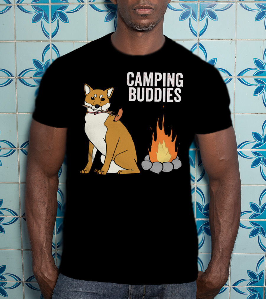 Camping Buddies Shiba Inu Roasting Sausage Near Campfire T-Shirt