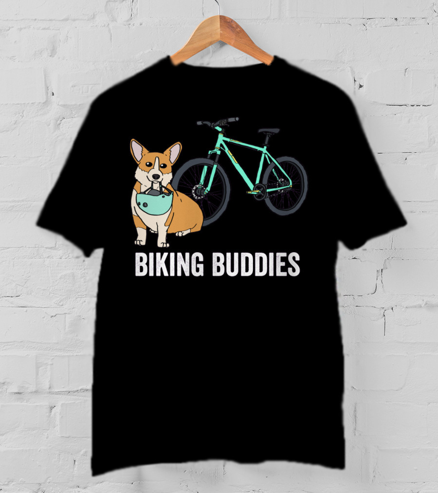 Corgi Biking Buddies With Bicycle Helmet And Mountain Bike T-Shirt