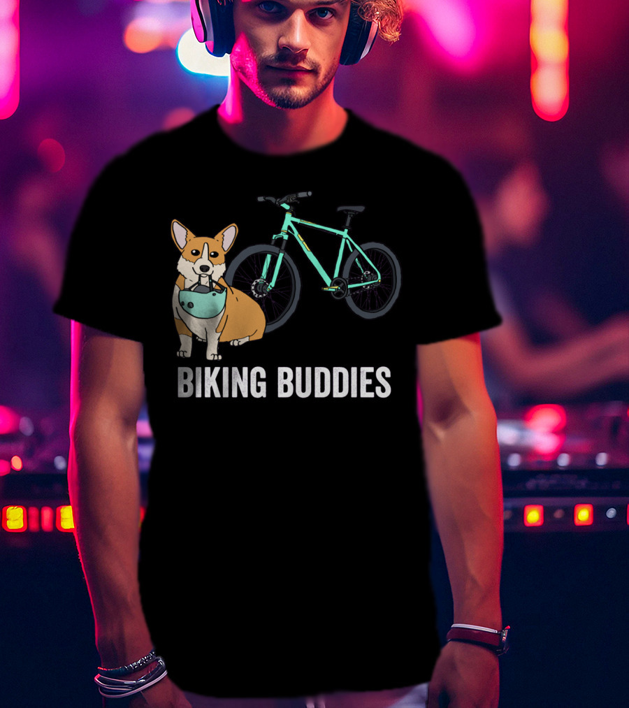 Corgi Biking Buddies With Bicycle Helmet And Mountain Bike T-Shirt