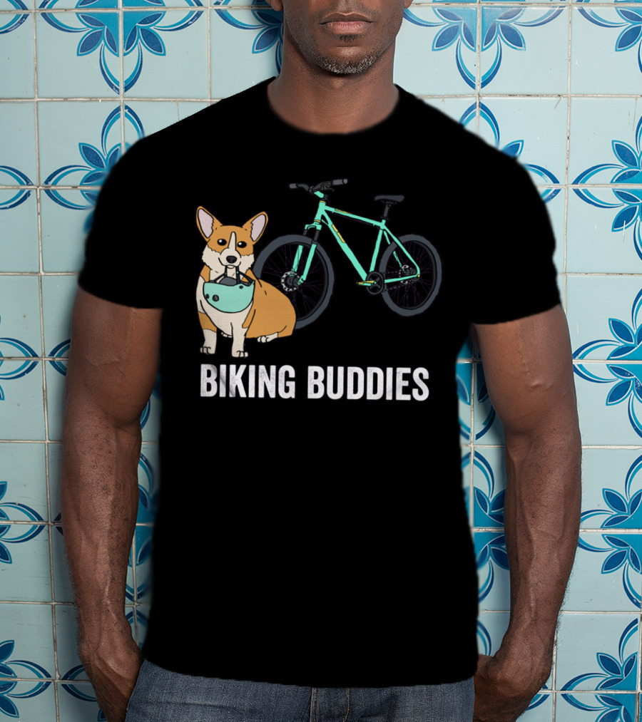 Corgi Biking Buddies With Bicycle Helmet And Mountain Bike T-Shirt