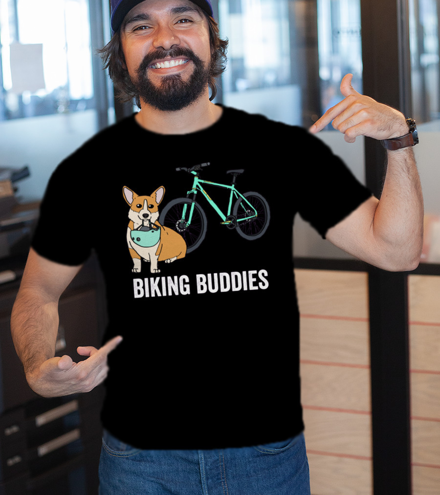 Corgi Biking Buddies With Bicycle Helmet And Mountain Bike T-Shirt