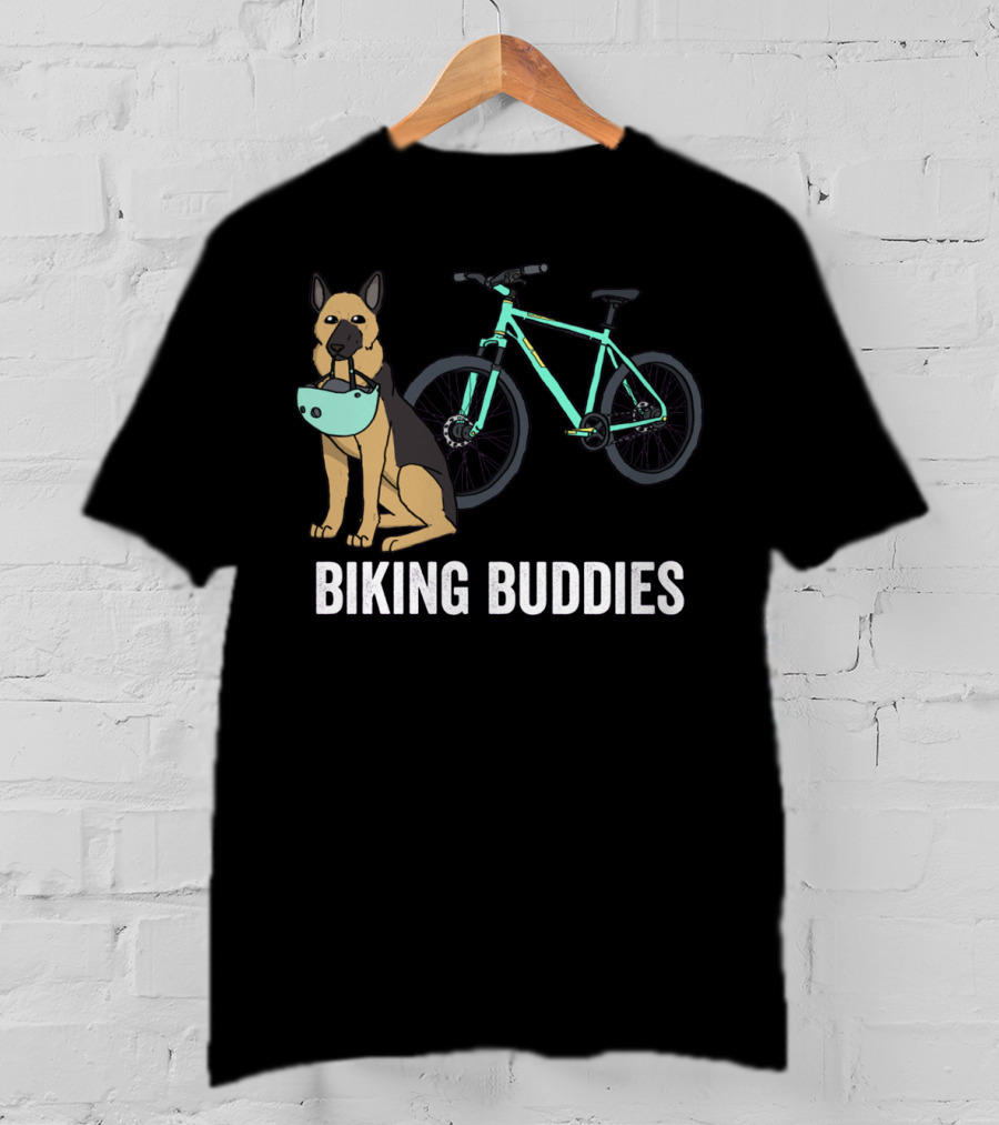 Biking Buddies German Shepherd With Bicycle Helmet And Bike T-Shirt