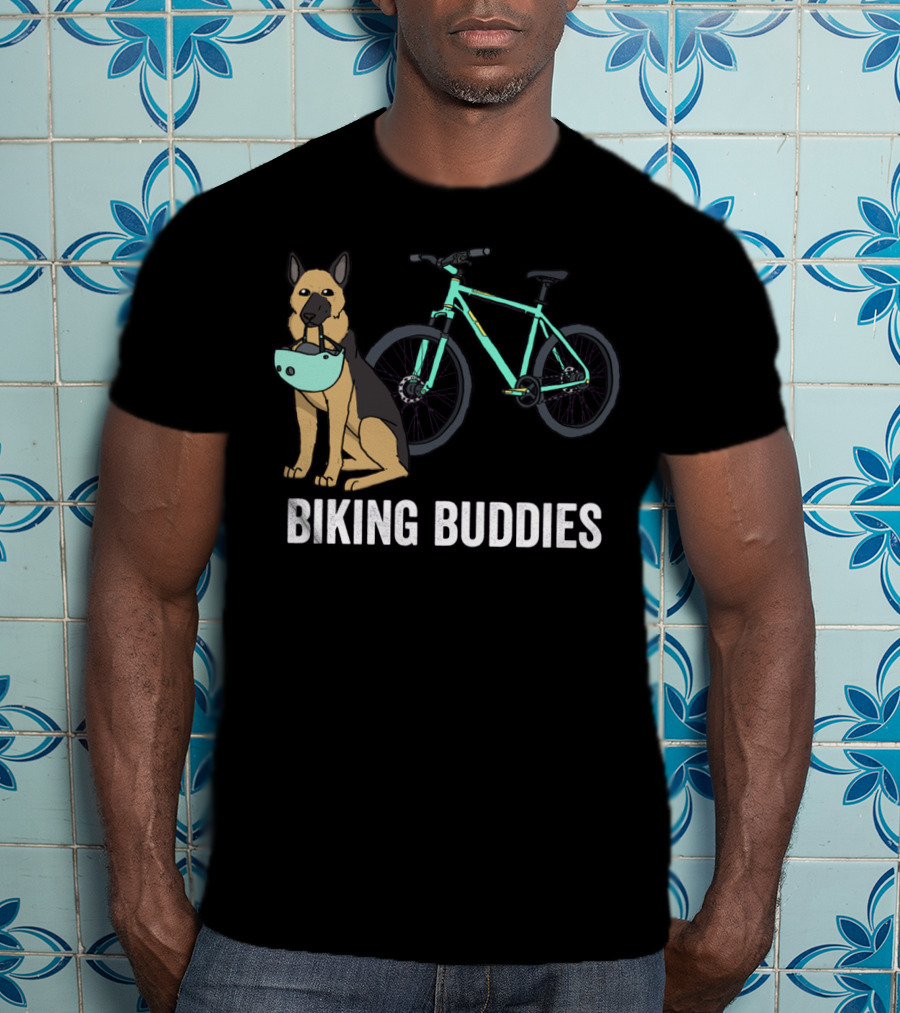 Biking Buddies German Shepherd With Bicycle Helmet And Bike T-Shirt