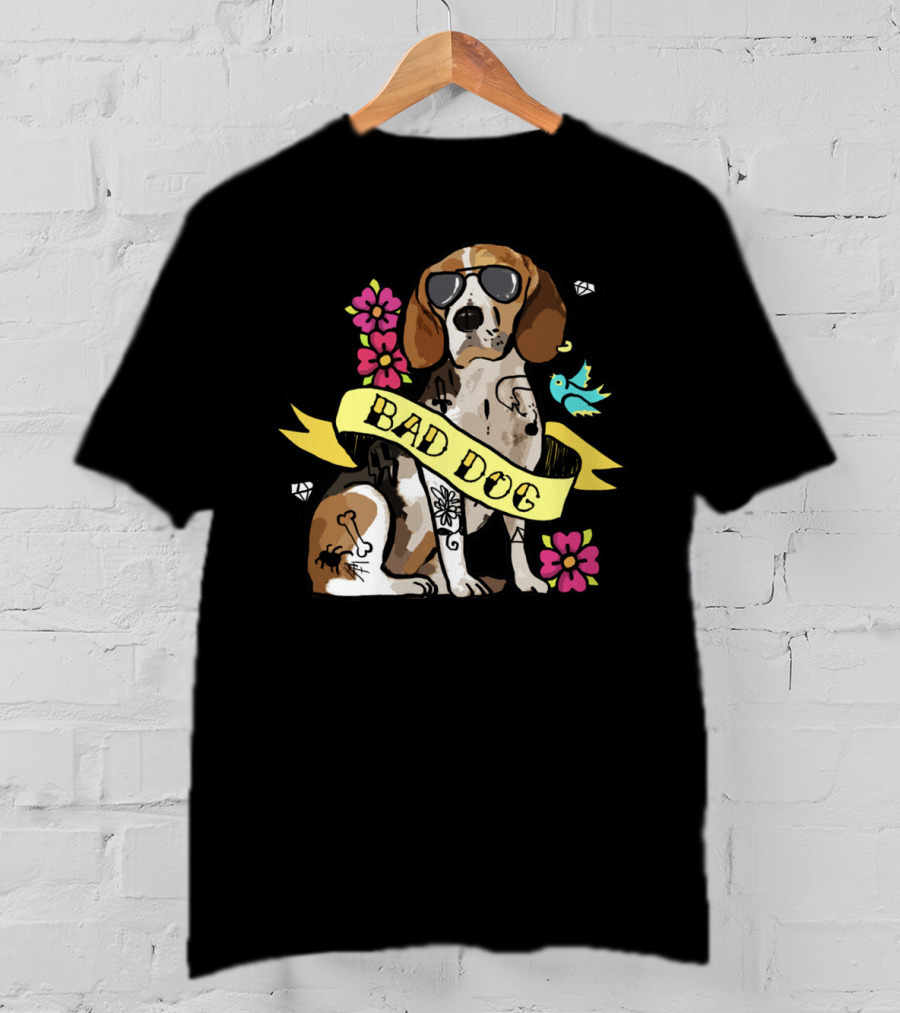 Bad Dog Beagle With Sunglasses And Tattoos Surrounded By Flowers And Bird T-Shirt