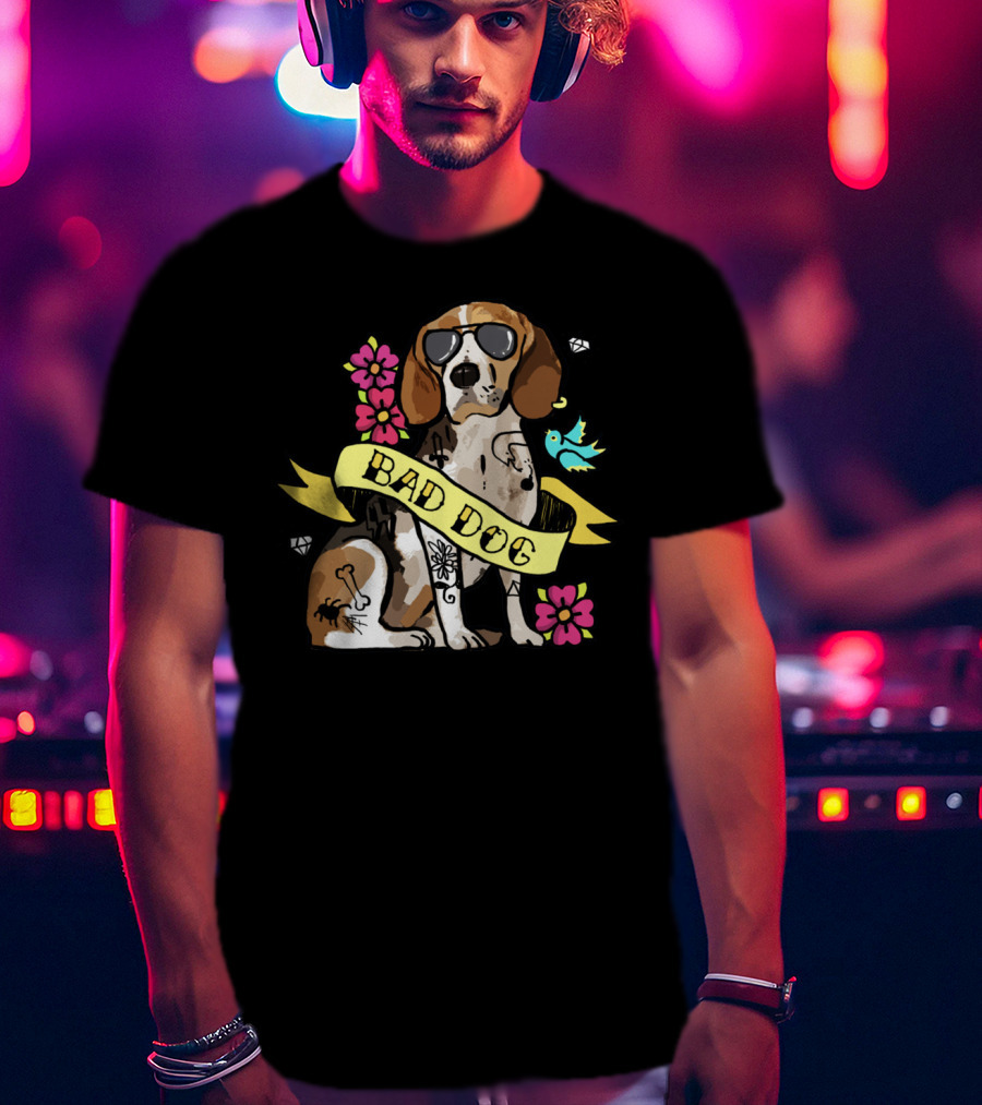 Bad Dog Beagle With Sunglasses And Tattoos Surrounded By Flowers And Bird T-Shirt