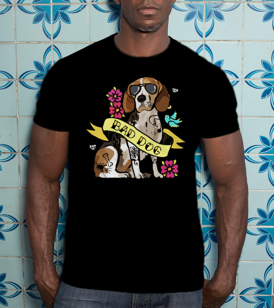 Bad Dog Beagle With Sunglasses And Tattoos Surrounded By Flowers And Bird T-Shirt