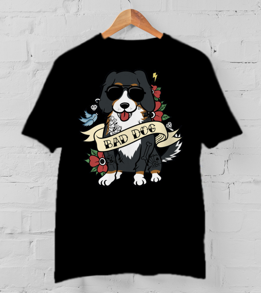 Bernese Mountain Bad Dog With Tattoos, Sunglasses, And Floral Accents T-Shirt