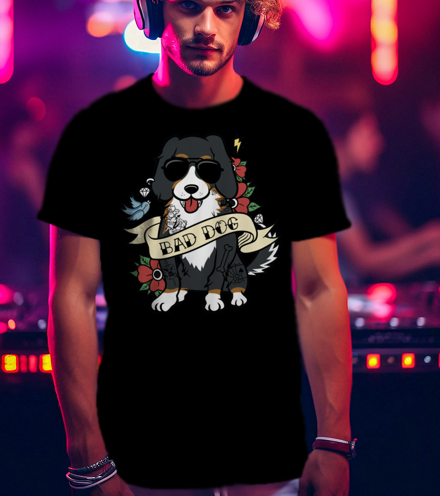 Bernese Mountain Bad Dog With Tattoos, Sunglasses, And Floral Accents T-Shirt