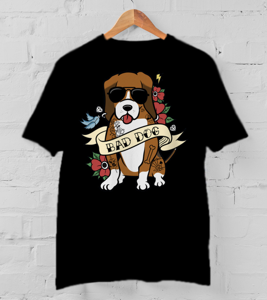 Bad Dog Basset Hound With Sunglasses And Tattoo Motifs T-Shirt