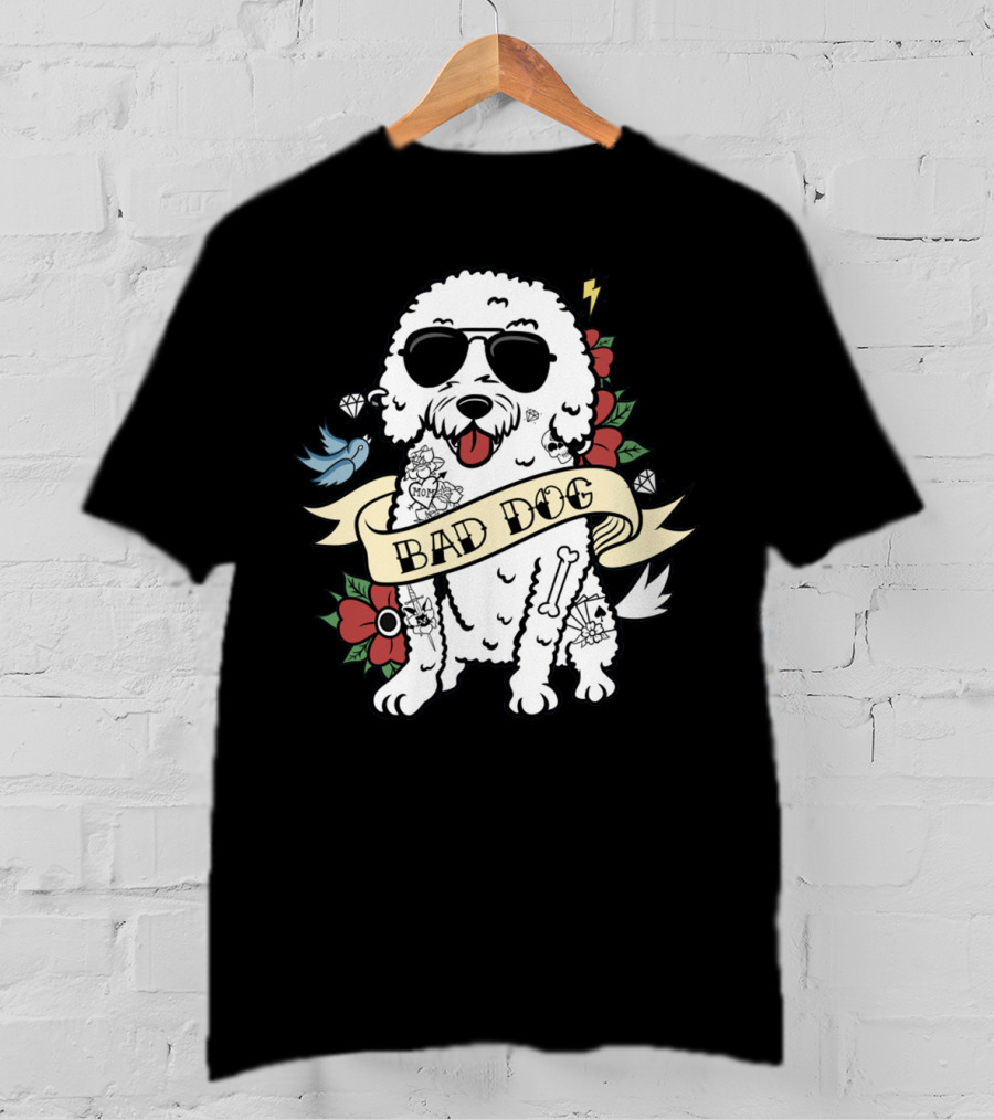 Bichon Frise Bad Dog With Sunglasses Tattoo And Flowers T-Shirt