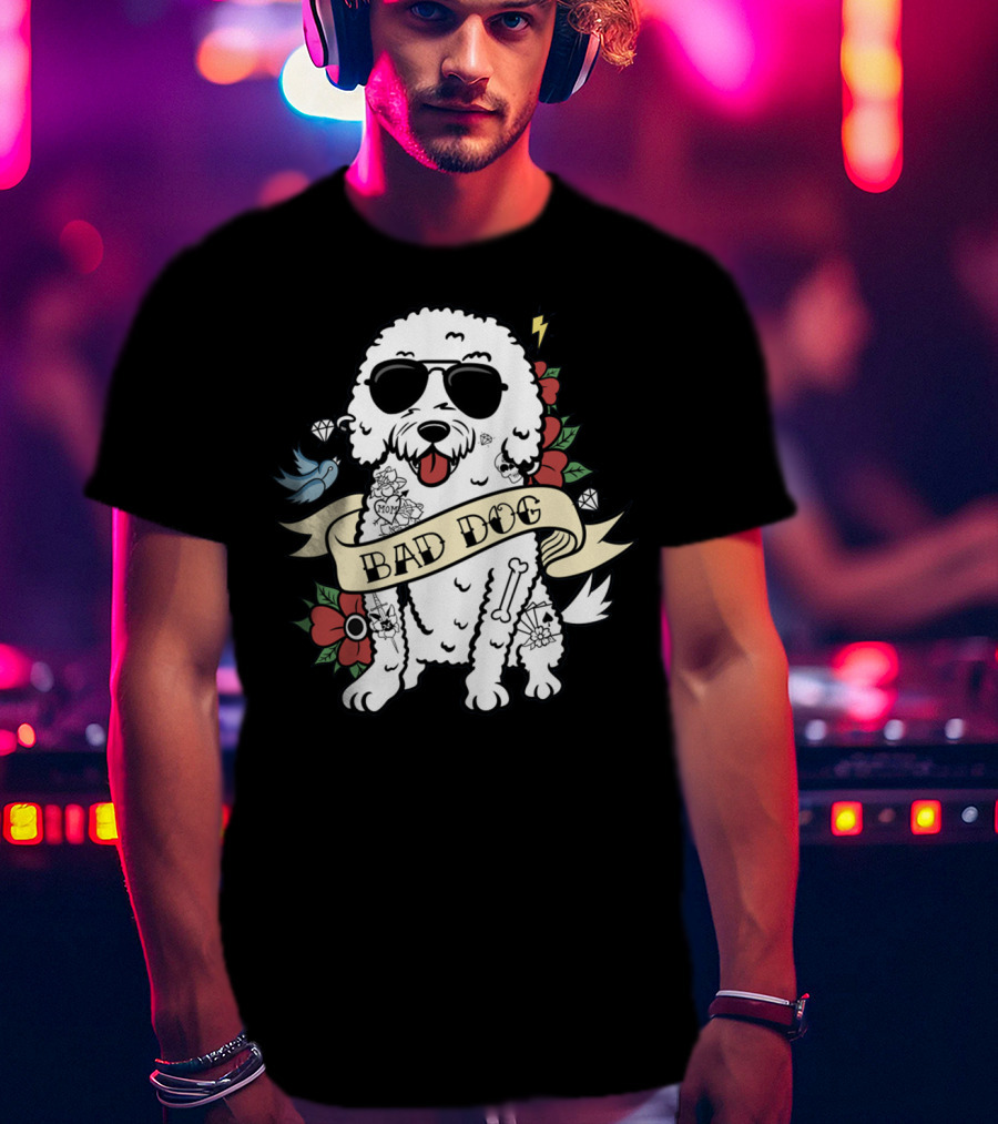 Bichon Frise Bad Dog With Sunglasses Tattoo And Flowers T-Shirt