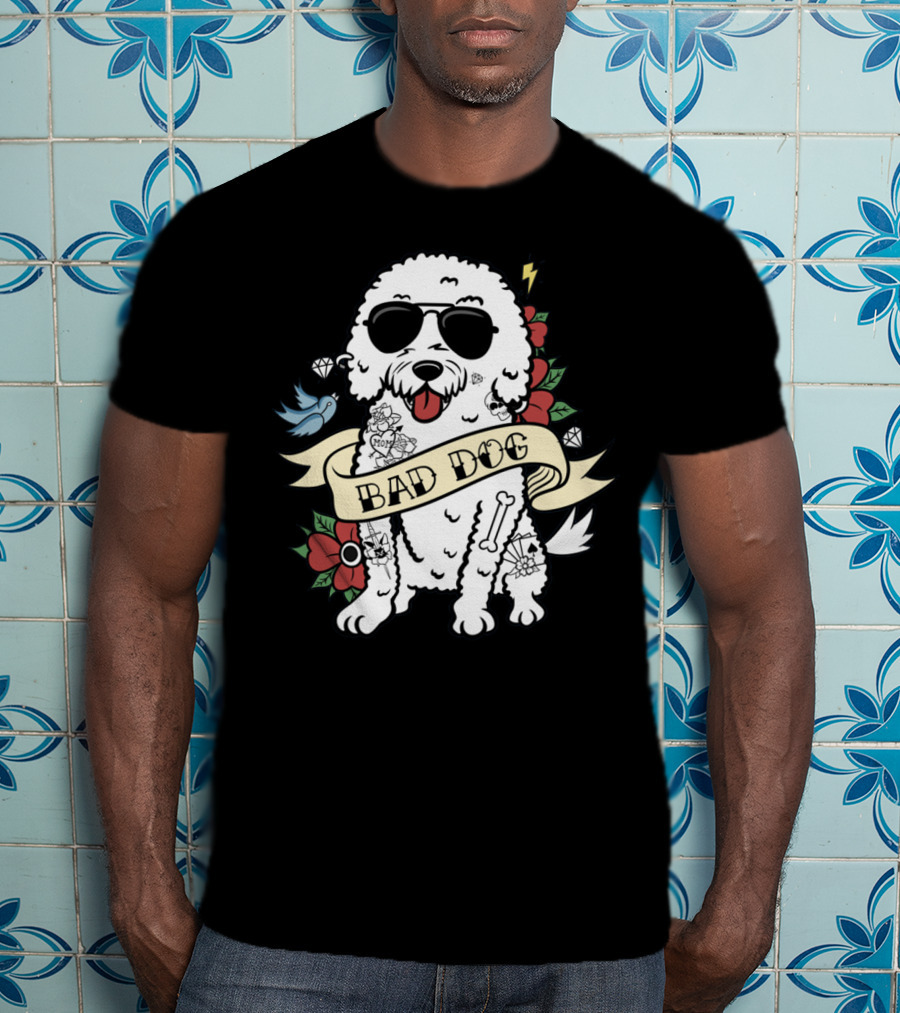 Bichon Frise Bad Dog With Sunglasses Tattoo And Flowers T-Shirt
